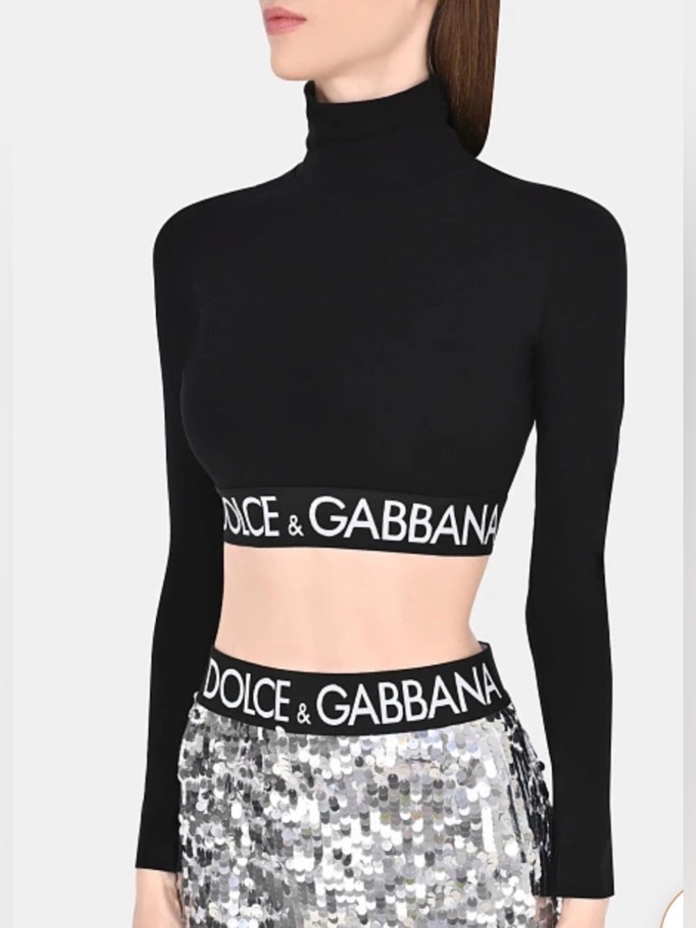 Dolce & Gabbana Black Cropped Turtleneck with Logo Band